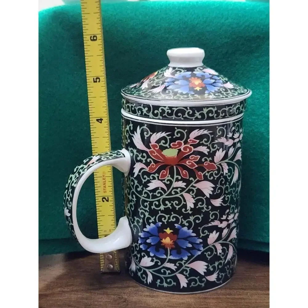 Chinese Dajin Porcelain Tea Set Black Floral Infuser Teapot Mug 4 Cups 6pc Set